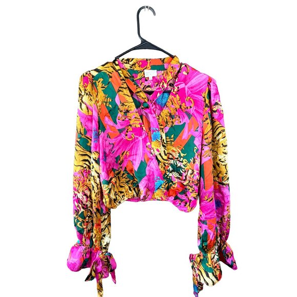 Dee Elly Tops - Dee Elly Raja Tiger Tie Neck Crop Blouse Hot Pink Floral Animal Print Size Large